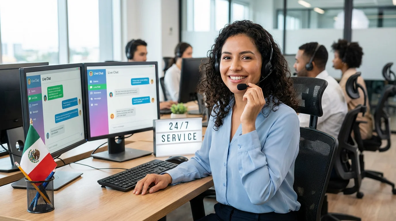 Representante de servicio al cliente sonriendo con auriculares en call center moderno